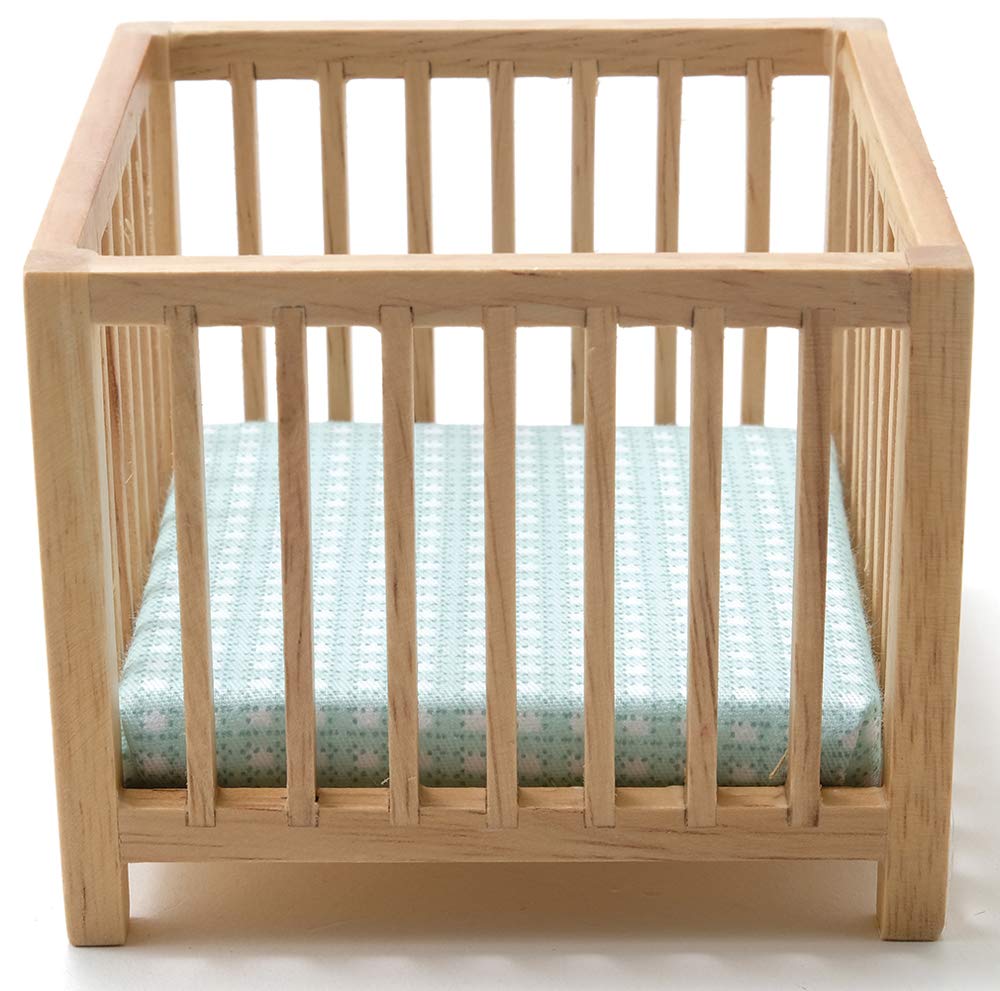 Classics by Handley Dollhouse Miniature Oak Slatted Play Pen with Blue Fabric