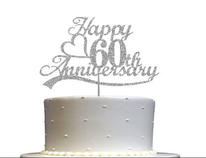 Happy 60 Anniversary Cake Topper Silver Glitter, Wedding Anniversary Party Decoration Ideas, Premium Quality, Sturdy Doubled Sided Glitter, Acrylic