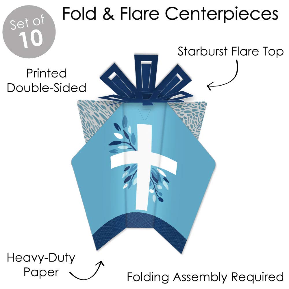 Big Dot of Happiness Blue Elegant Cross - Table Decorations - Boy Religious Party Fold and Flare Centerpieces - 10 Count