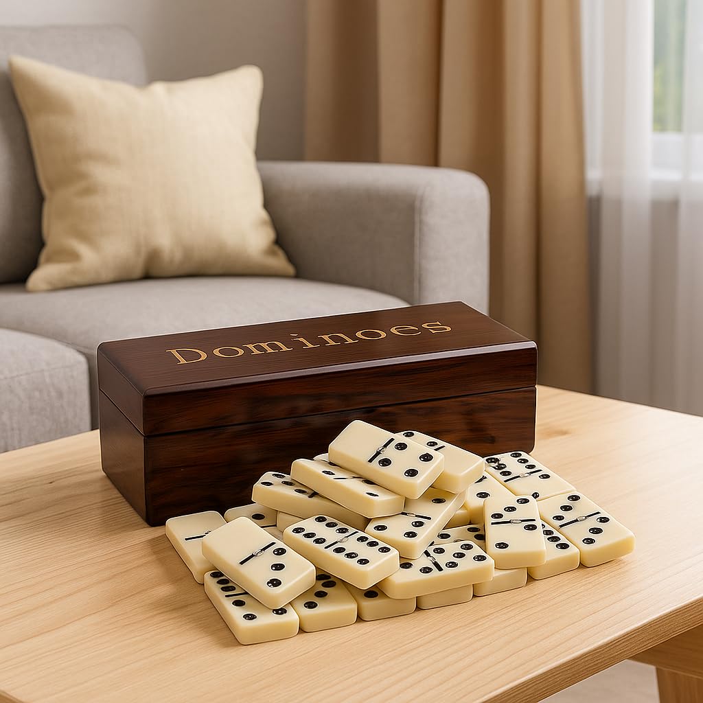 Double Six Dominoes Set for Adults with Wooden Storage Box - 28-Piece Portable Travel Game, Family Board Game for Kids & Adults - Dominoes for Game