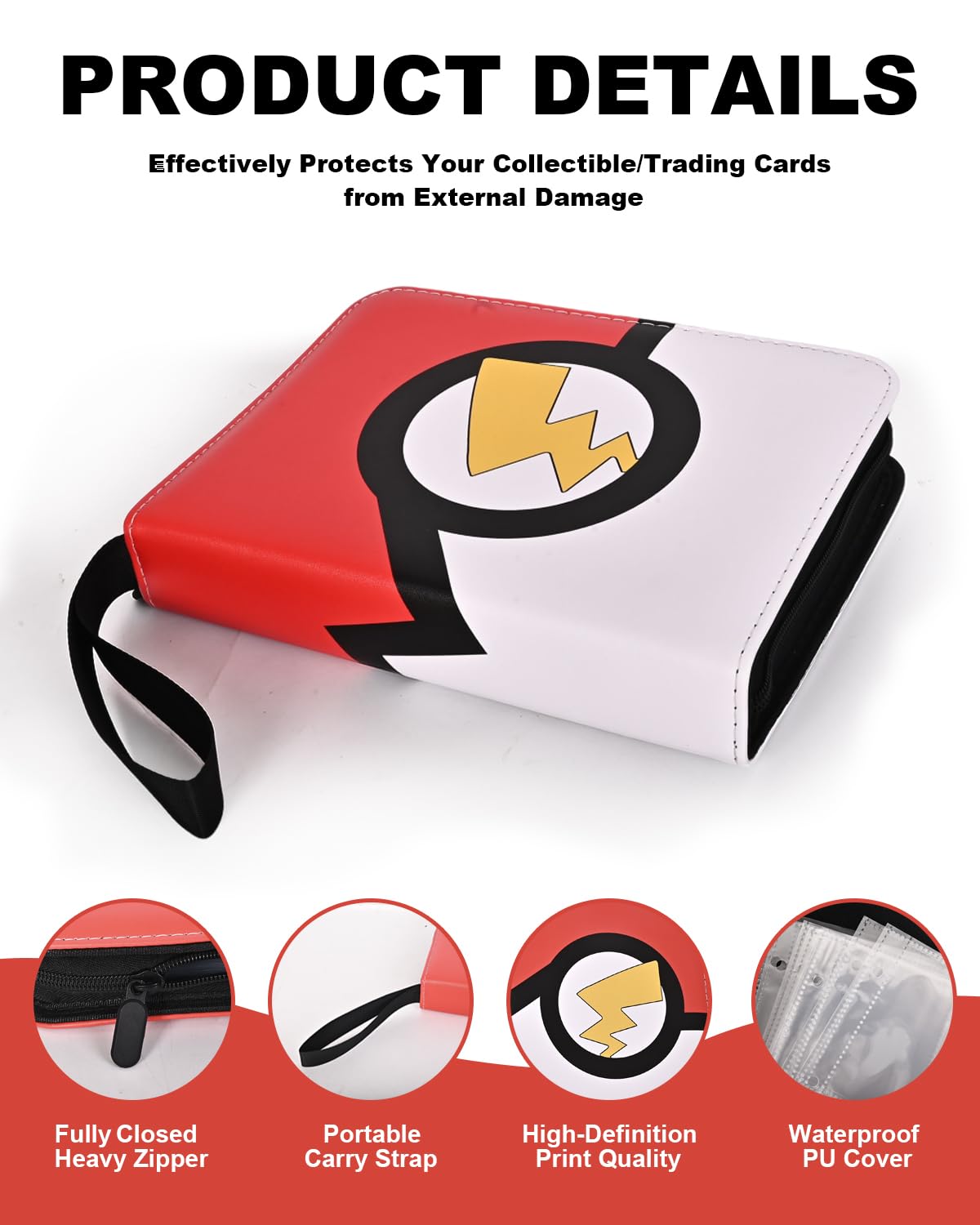 4 Pocket Trading Card Binder, Waterproof Cards Collection Binder with 50 Removable Sheets for 400 Cards Storage, Card Holder Book for TCG,MTG(Red)