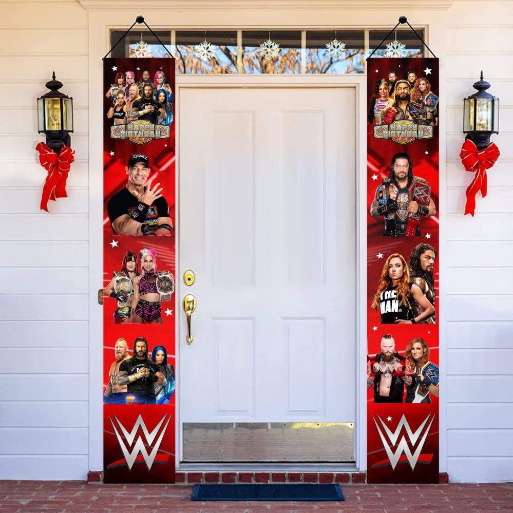 2Pcs Wresting Birthday Porch Sign Door Hanging Banner Party Supplies for Wresting Themed Door Decorations
