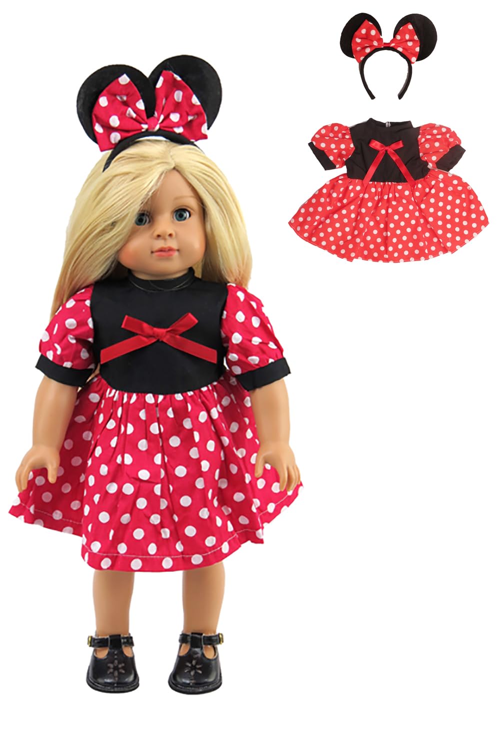 American Fashion World Little Mouse Costume for 18 Inch Dolls - Red, White & Black Polka Dot Dress with Mouse Ear Headband
