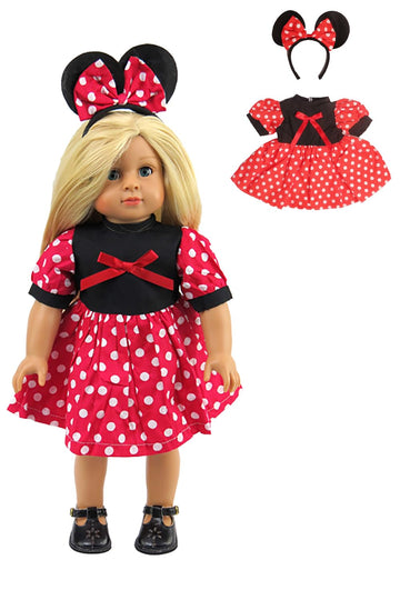 American Fashion World Little Mouse Costume for 18 Inch Dolls - Red, White & Black Polka Dot Dress with Mouse Ear Headband