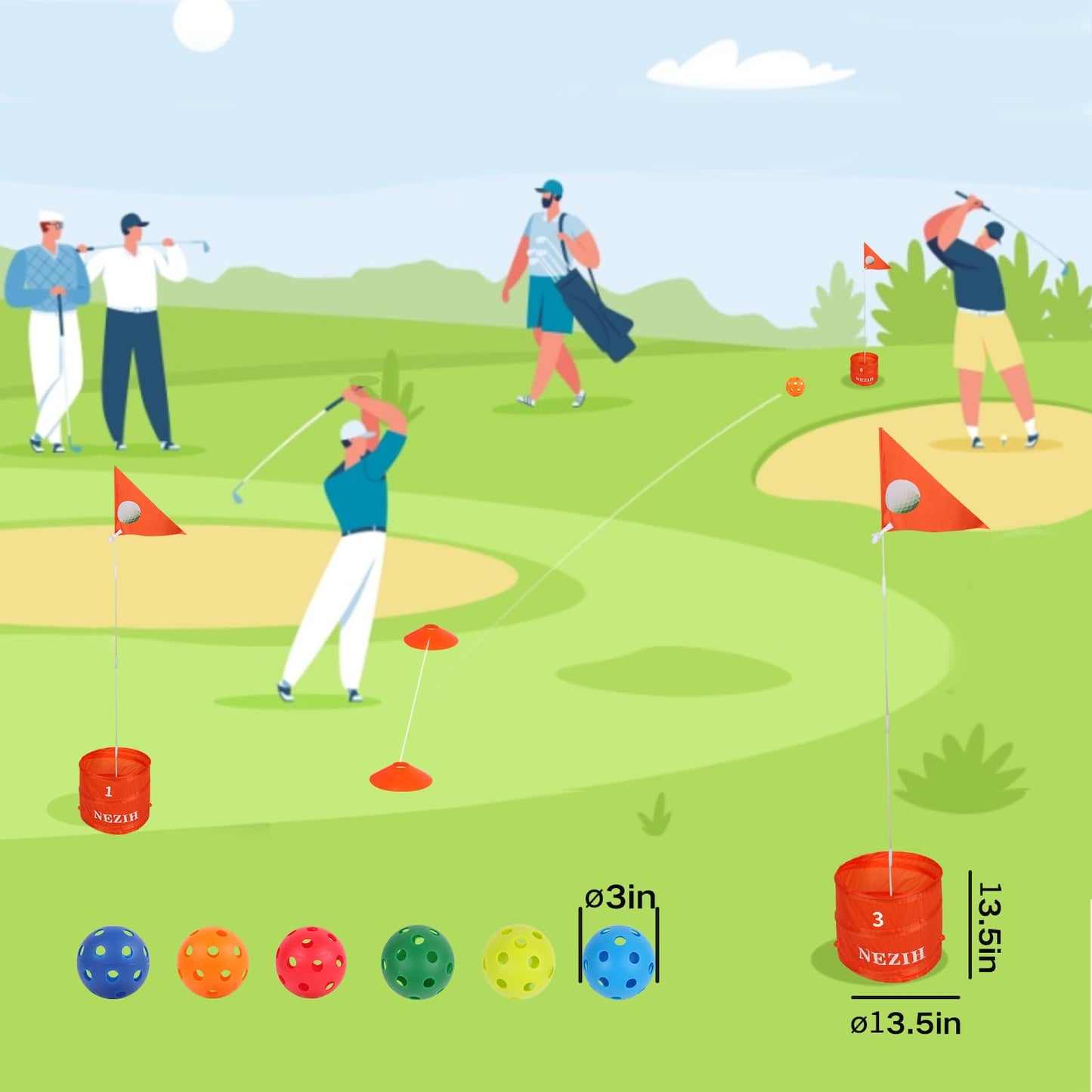BATONE Golf Bucket Game for Family, Adults and Kids Portable 6 Hole Golf Course with Balls and Flag, Outdoor Indoor Golf Yard Game for Park, Beach