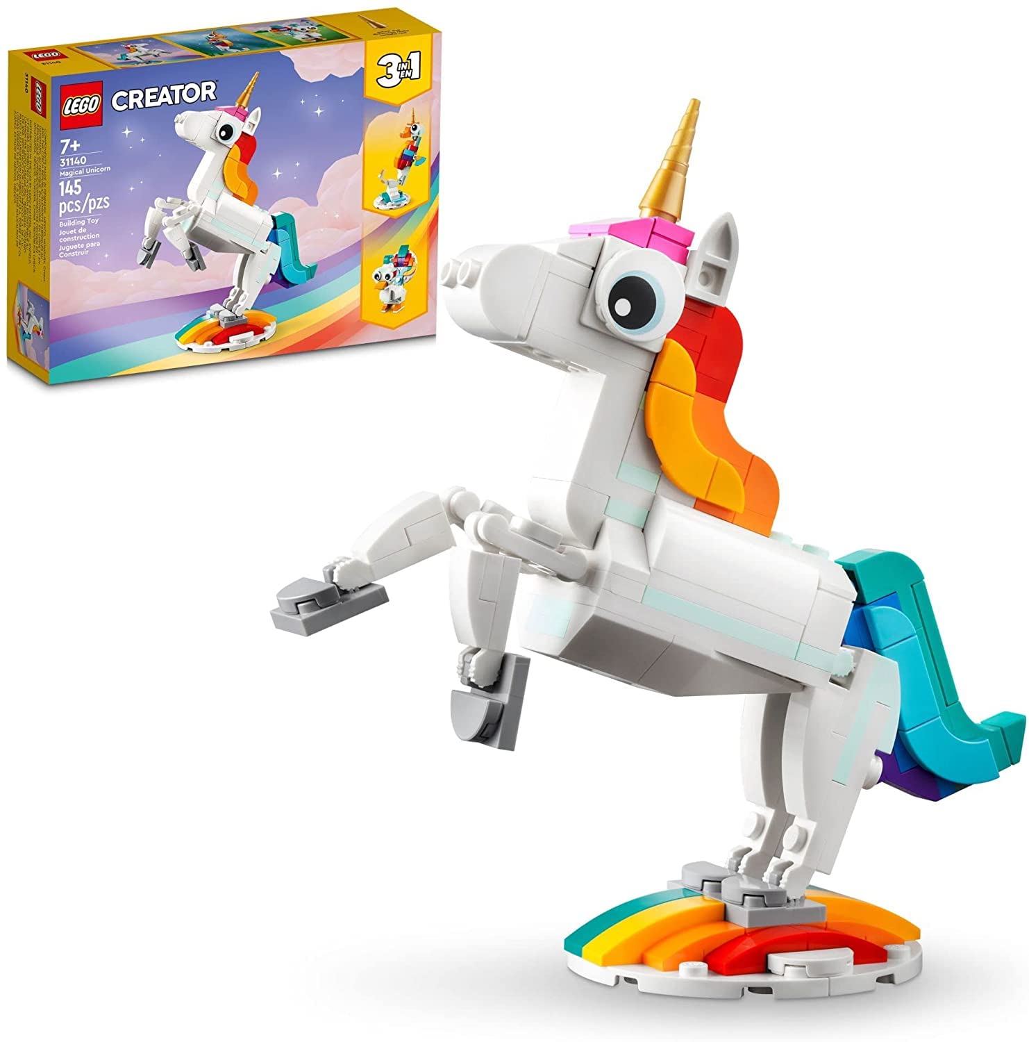 LEGO Creator 3 in 1 Magical Unicorn Toy, Transforms to Seahorse to Peacock, Rainbow Animal Figures, Unicorn Gift for Grandchildren, Girls and Boys