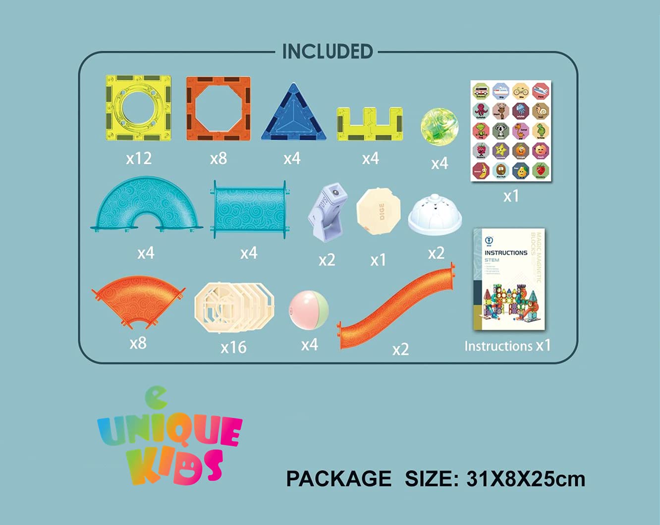 UNIQUE KIDS Magnetic Tiles Building Blocks with Light-Up Marble Run & LED Ball - STEM STEAM Toys for Kids Ages 3-10+ Boys Girls Birthday Gift (110