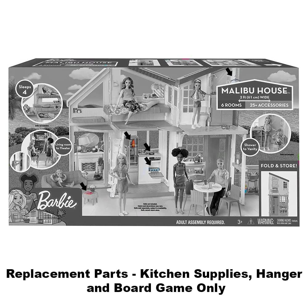 Replacement Parts for Barbie Malibu House Playset - FXG57 ~ Replacement Kitchen Supplies, Hanger and Board Game