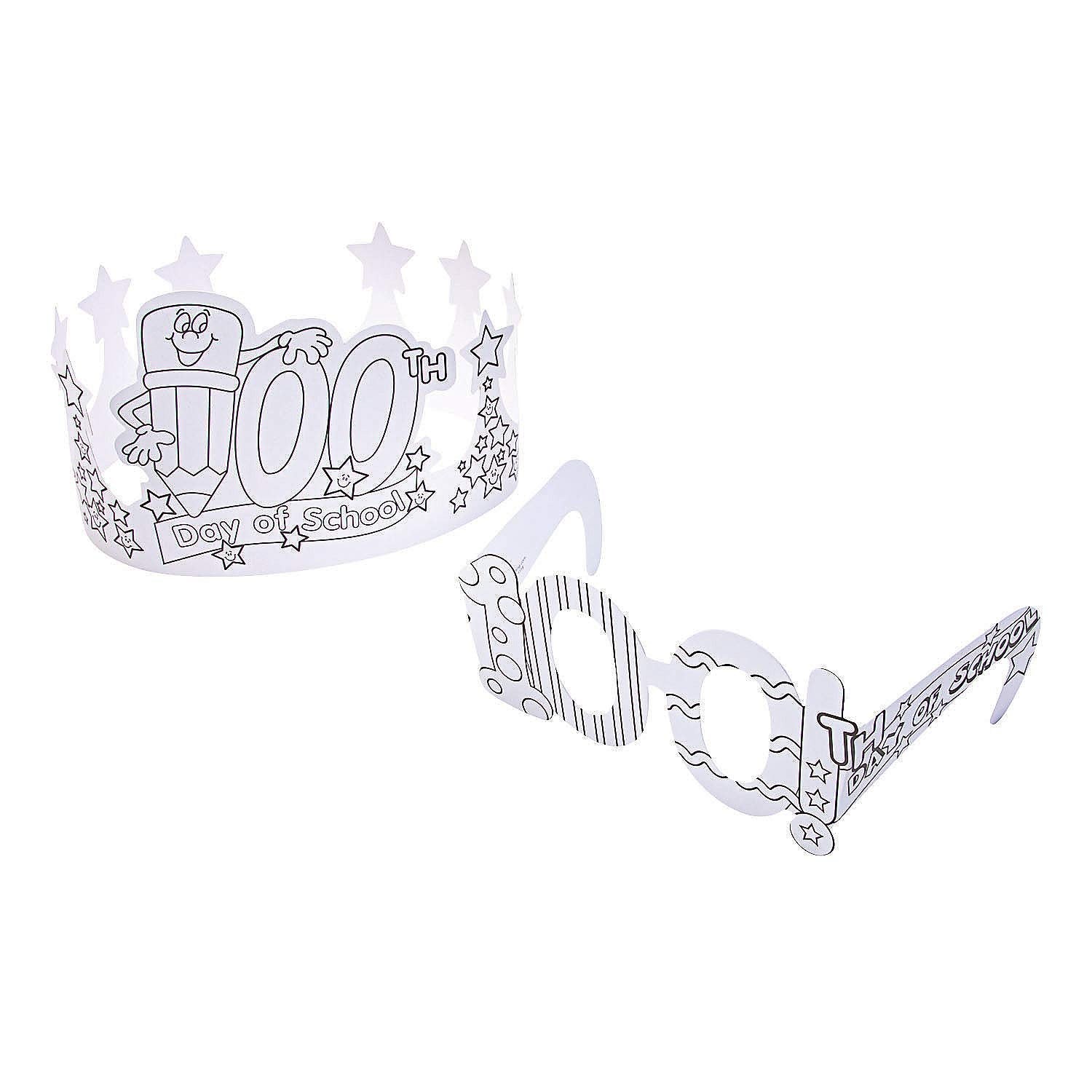 Fun Express Color Your Own 100th Day of School Crowns & Glasses - Craft Kits - 48 Pieces