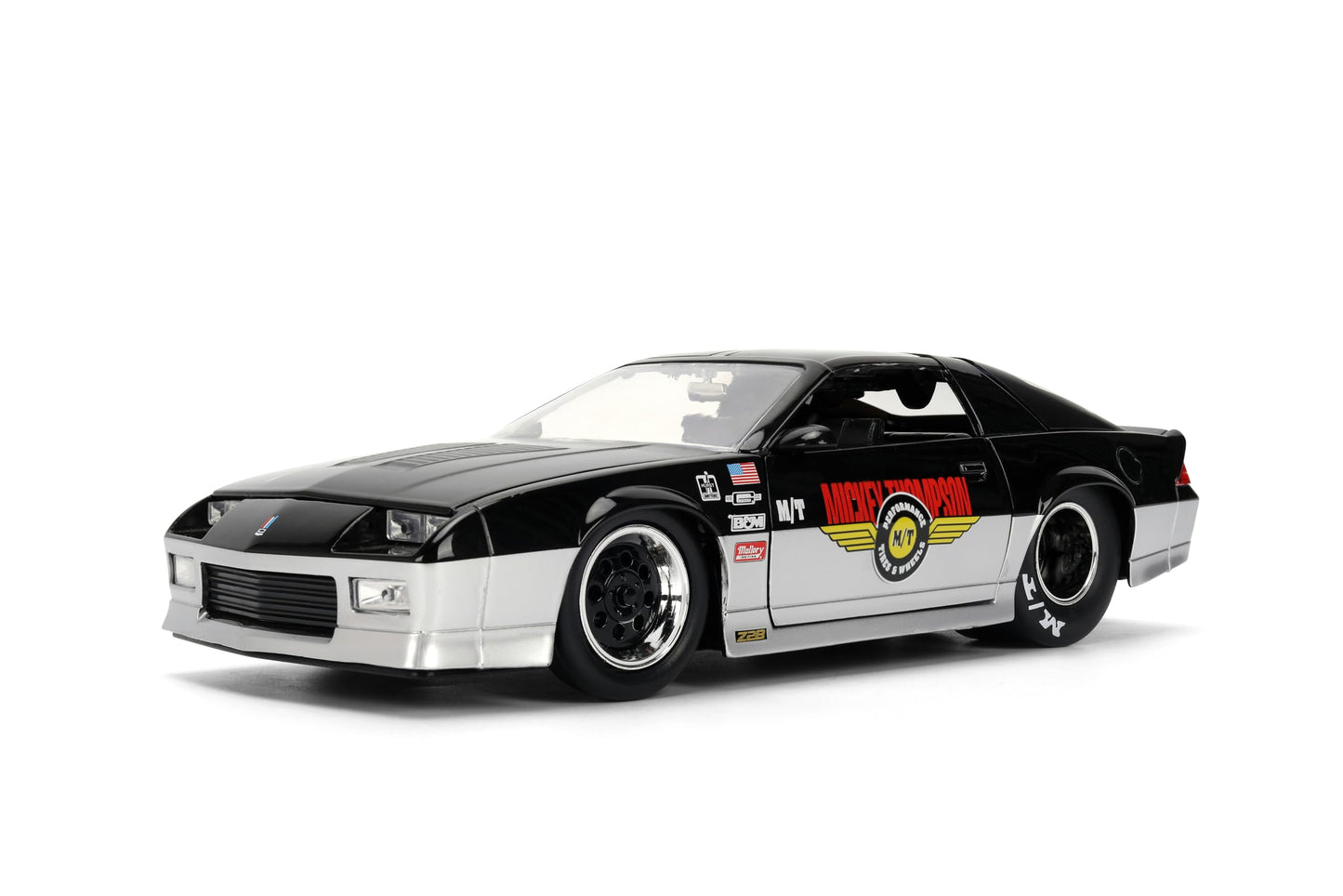 Jada Toys Bigtime Muscle 1:24 1985 Chevy Camaro Mickey Thompson Die-cast Car - Opening Doors, Hood, Trunk, Rubber Tires(Glossy Black/Silver)