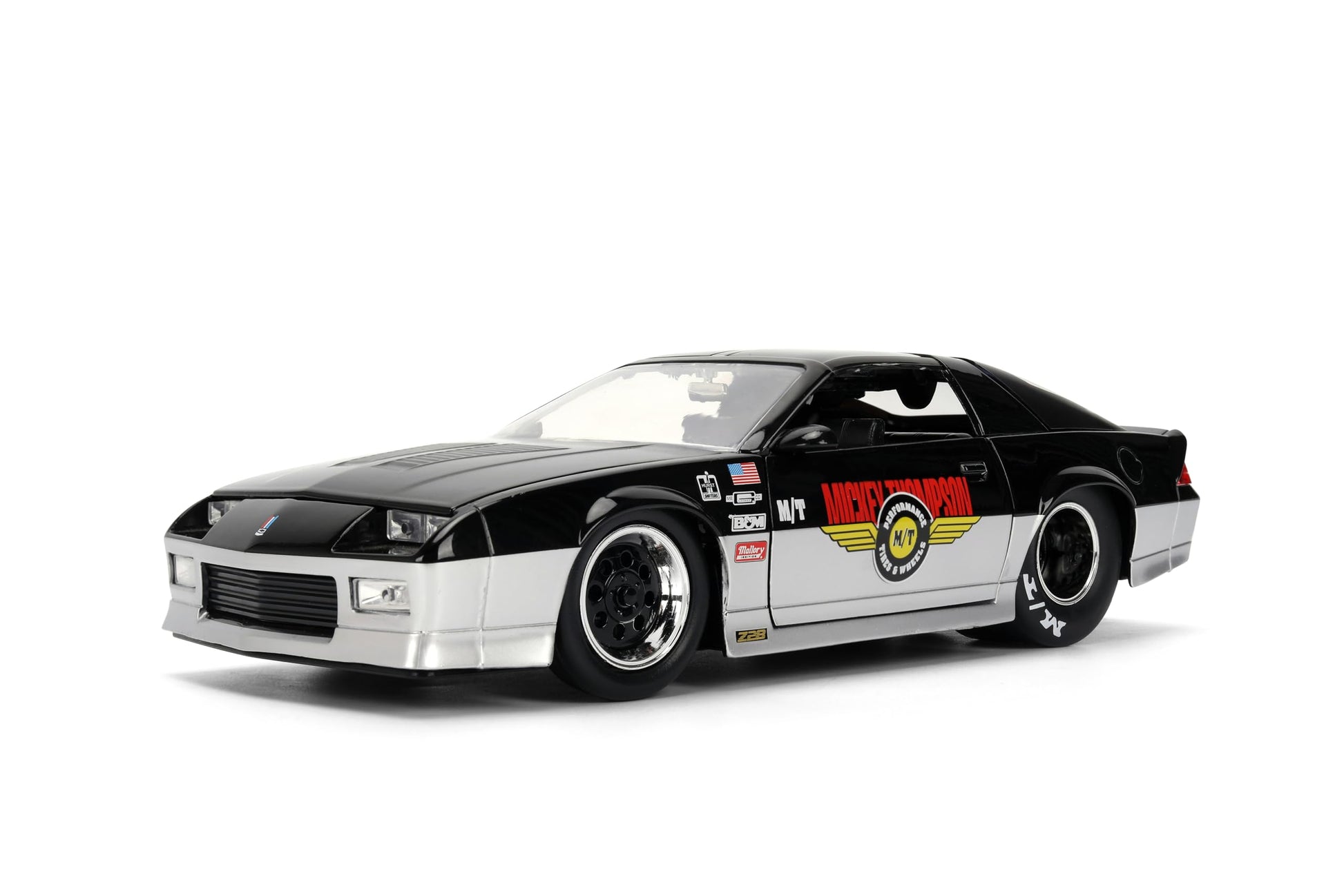 Jada Toys Bigtime Muscle 1:24 1985 Chevy Camaro Mickey Thompson Die-cast Car - Opening Doors, Hood, Trunk, Rubber Tires(Glossy Black/Silver)