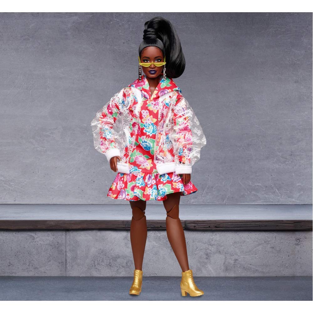 Barbie BMR1959 Fully Poseable Curvy Fashion Doll, Brunette, in Clear Vinyl Bomber Jacket and Floral Hoodie Dress, with Accessories and Doll Stand