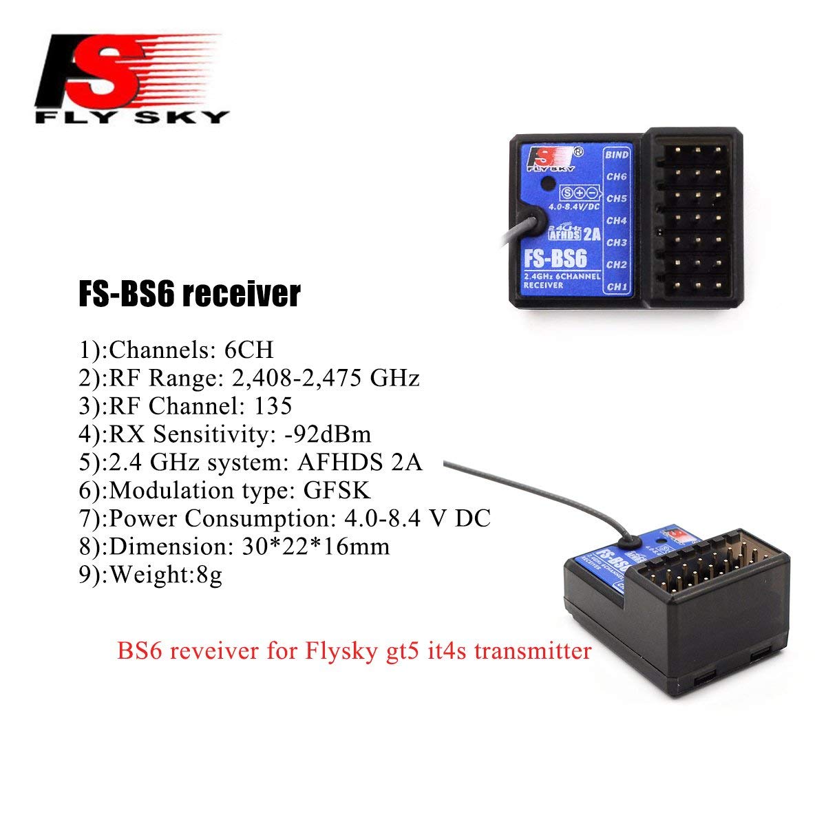 Xiangtat Flysky Fs-Bs6 6Ch Receiver Fail-Safe for Fs-Gt5 Fs-It4s Fs-I6s Fs-I6 Fs-I6x Transmitter Rc Car Boat