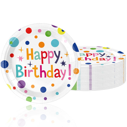 VVBray 20Pcs Happy Birthday Plates 9 Inch Large Paper Plates Multicolor Polka Dots Happy Bday Party Tableware Colorful Dinner Paperplates for Kids