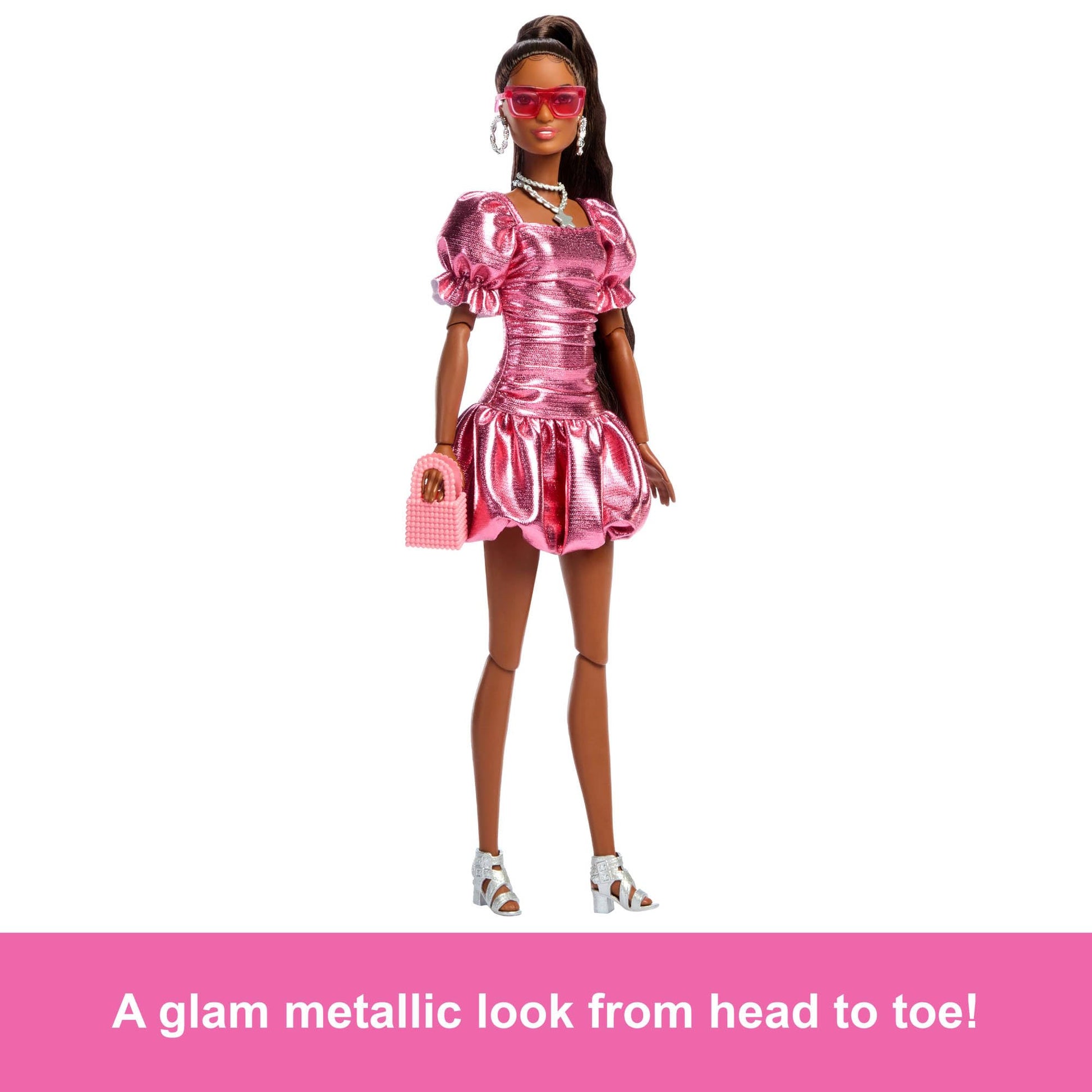 Barbie Deluxe Style Doll #6 in Metallic Coral Pink Dress with Bubble Hem, Black Hair in Ponytail, Accessories Like Sunglasses, Jewelry and Handbag