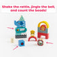 Jasey's Toy Chest Wooden Shape & Animal Blocks - 15-Piece Chunky Wooden Set with Rattle, Bell & Colorful Beads for Toddlers Ages 12+ Months