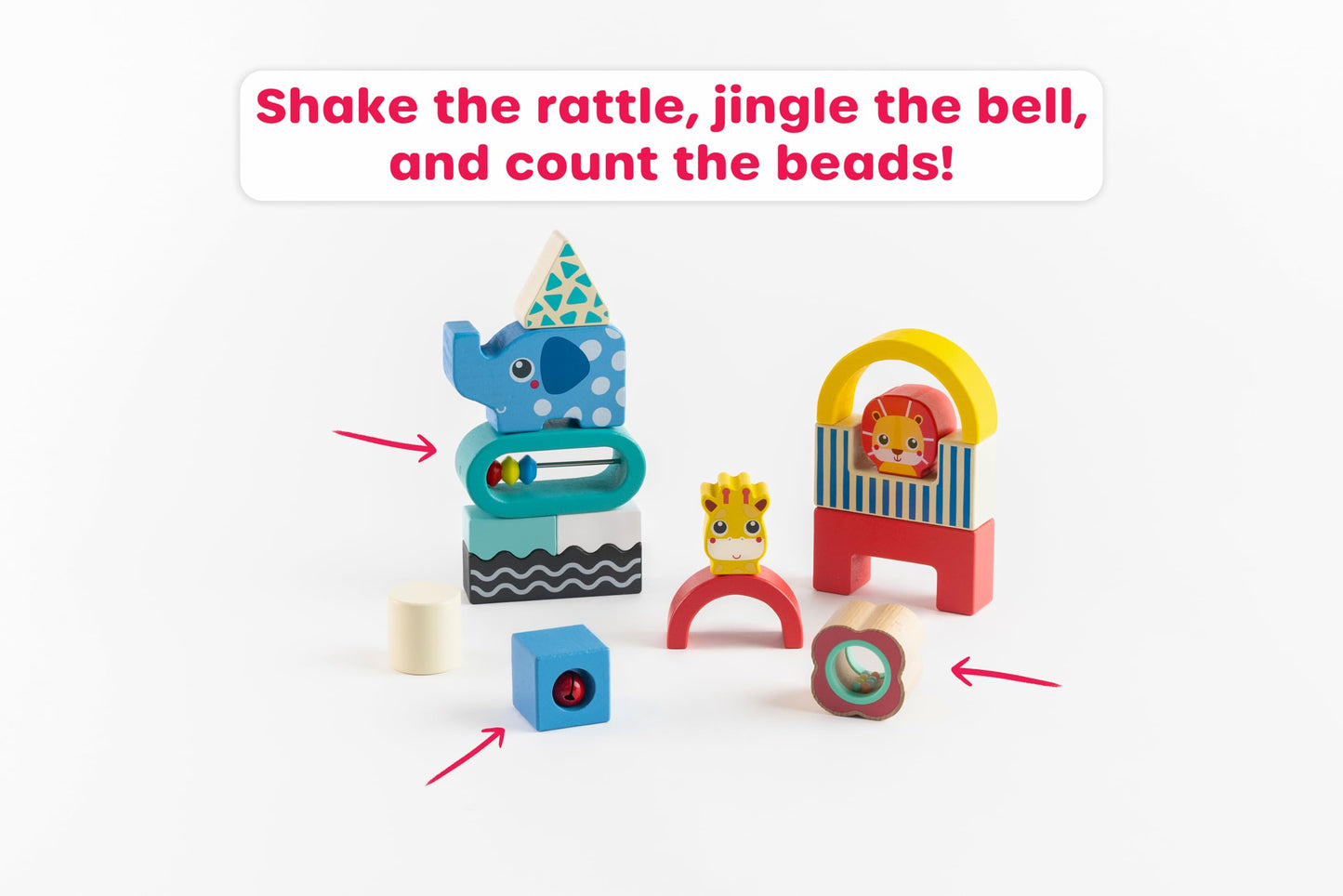 Jasey's Toy Chest Wooden Shape & Animal Blocks - 15-Piece Chunky Wooden Set with Rattle, Bell & Colorful Beads for Toddlers Ages 12+ Months