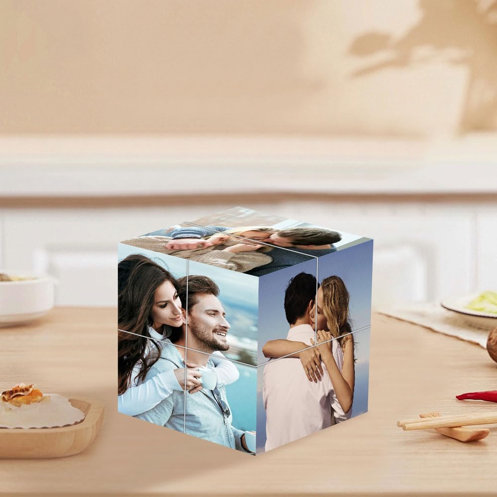Personalized Photo Cube, Foldable 3D Rotating Custom Photo Cube Holds 9 Pictures - Funny & Sentimental Gift for Family Friends on Christmas, Birthday