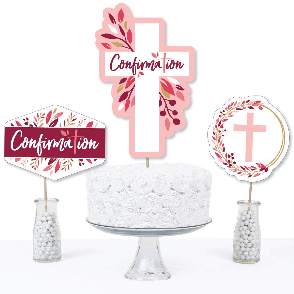 Big Dot of Happiness Confirmation Pink Elegant Cross - Girl Religious Party Centerpiece Sticks - Table Toppers - Set of 15