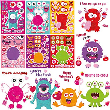 Monster Valentines Day Crafts for Kids,36 pcs Valentine Stickers Sheets DIY Art Cards Gift for School Activities or Valentine's Party Supplies Goodies