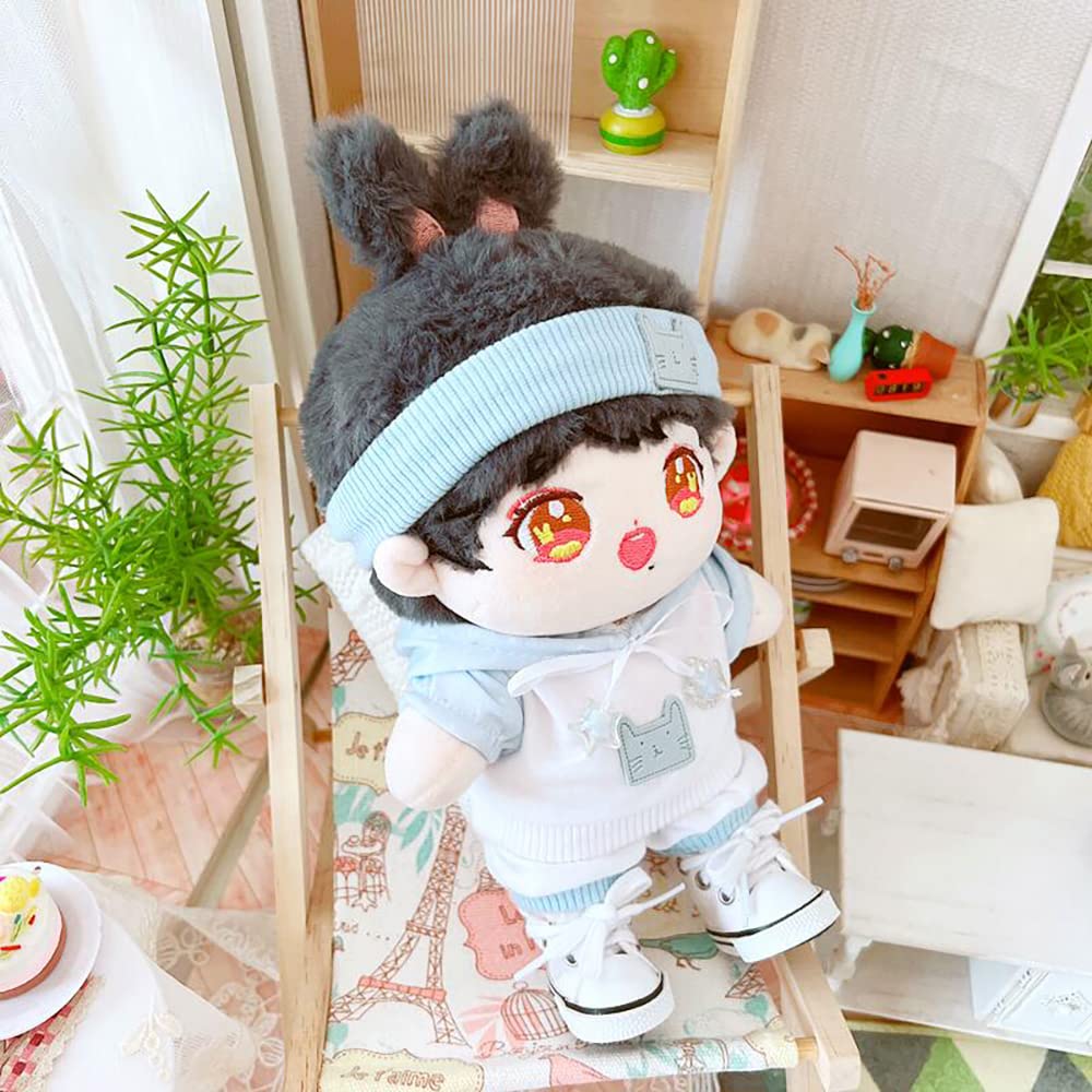 niannyyhouse 20cm Plush Doll Clothes Headband Hoodie Coat Pants Doll Dress Up (Light Blue)