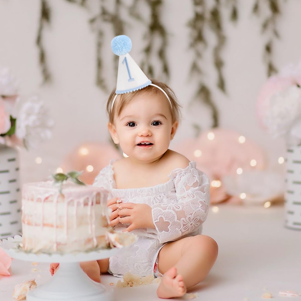 Kaniwati Baby 1st Birthday Party Crown, Pink 1st Birthday Embroidered Party Hat, Blue One Party Hat For Boys/Girls (BULE-1ST-CXMZ)