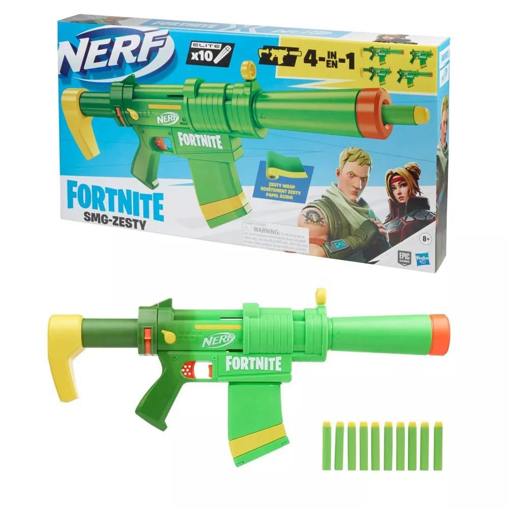 Nerf Fortnite SMG-Zesty Elite Dart Blaster - Removable Stock and Barrel, Removable 10-Dart Clip, 10 Official Nerf Elite Darts
