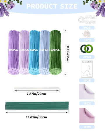400 Pcs Purple Pipe Cleaner Flower Kit, 6 Colors Chenille Pipe Cleaners Bulk, Pipecleaners for DIY Flower Making Kit, Gift-Giving, Home Decor, or