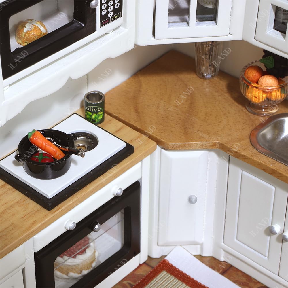 iLAND Dollhouse Furniture and Accessories Set Dollhouse Kitchen Modern Kit, Complete Miniature Cabinets Oven Refrigerator with Cookware fit 1/12 Scale