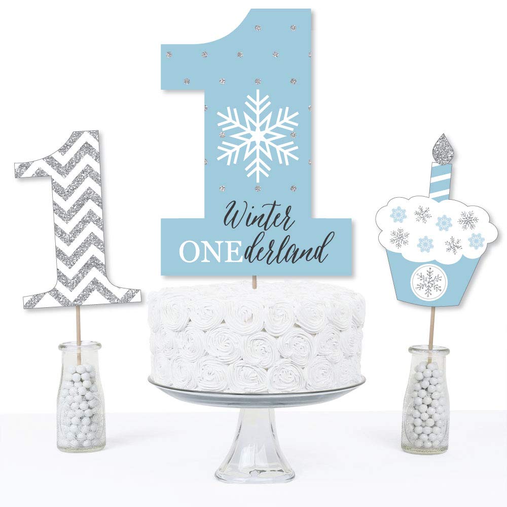 Big Dot of Happiness Onederland - Snowflake Winter Wonderland First Birthday Party Centerpiece Sticks - Table Toppers - Set of 15