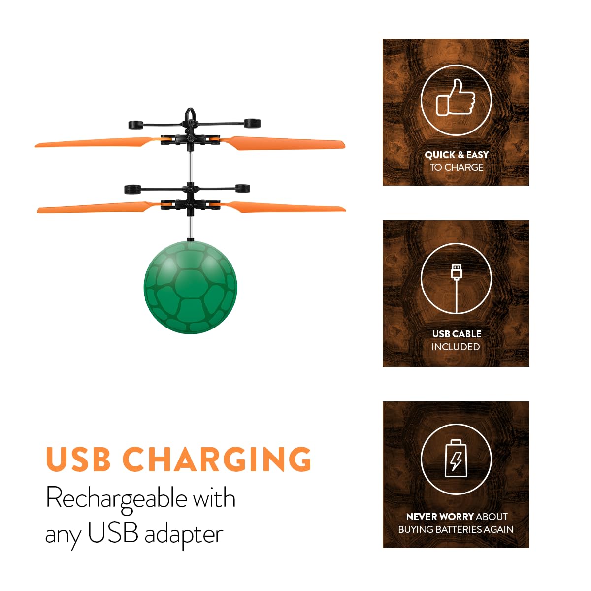World Tech Toys Ninja Turtles Michelangelo Flying Toy - Motion Sensing Flying Ball with USB Charging - TMNT Licensed - Indoor/Outdoor Drone for Kids
