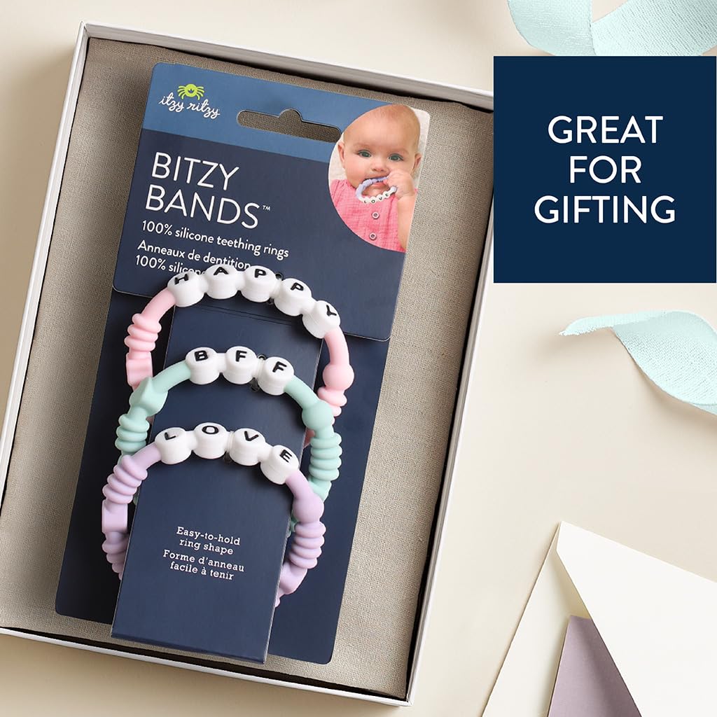 Itzy Ritzy Teething Rings - Set of 3 Textured, Silicone Rings for Ages 3 Months & Up - One-Piece Design with Adorable Messages (Pastel)