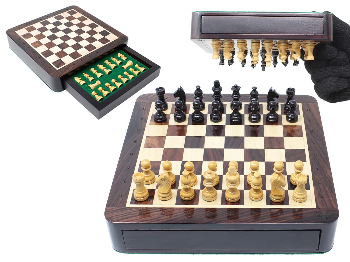 House of Chess - 7.5 Inch Wooden Magnetic Travel Chess Set with Storage Drawer & Algebraic Notation - 2 Extra Queens - Handmade
