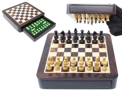 House of Chess - 7.5 Inch Wooden Magnetic Travel Chess Set with Storage Drawer & Algebraic Notation - 2 Extra Queens - Handmade
