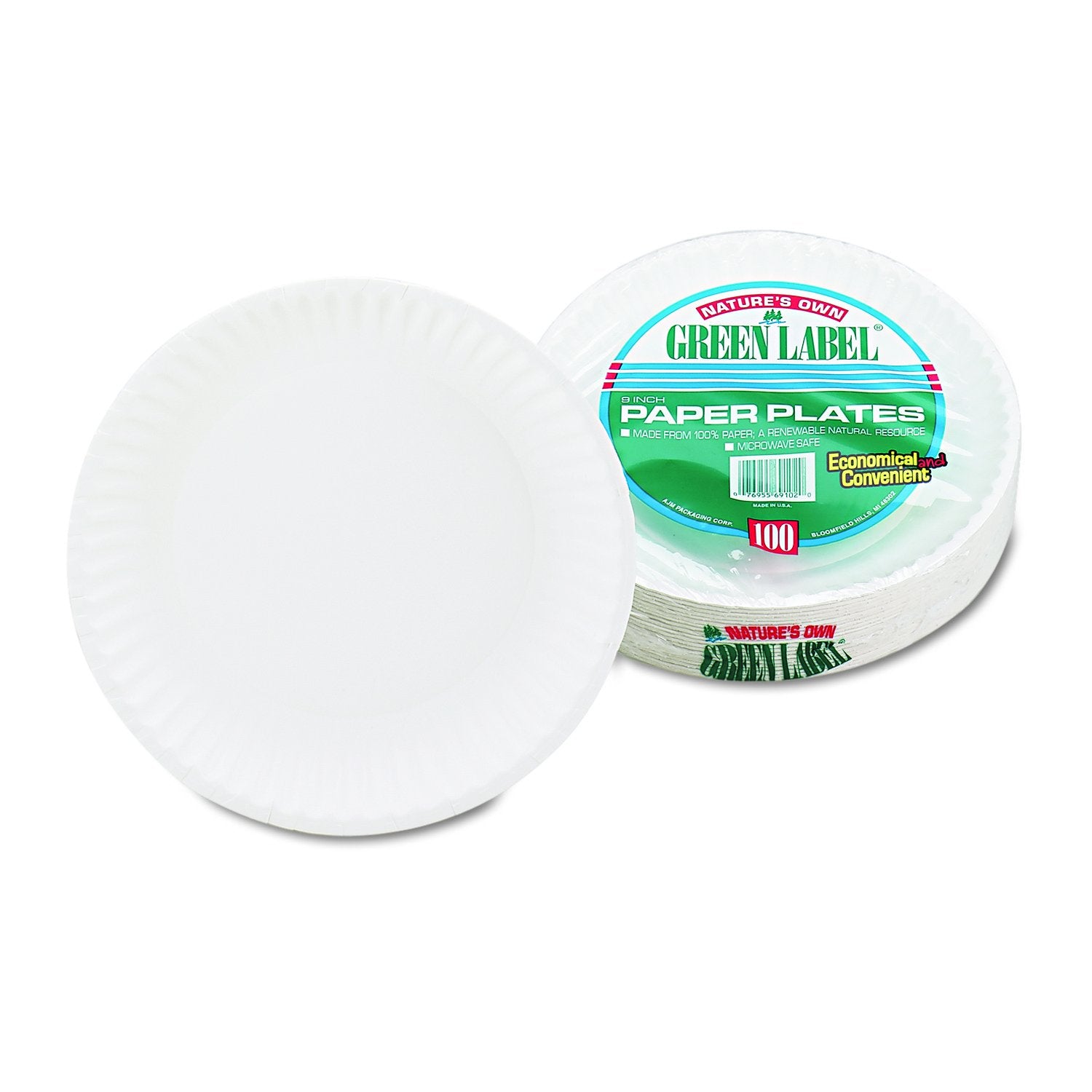 AJM Packaging PP9GREWH 9" White Paper Plates Green Label (10 Packs of 100)
