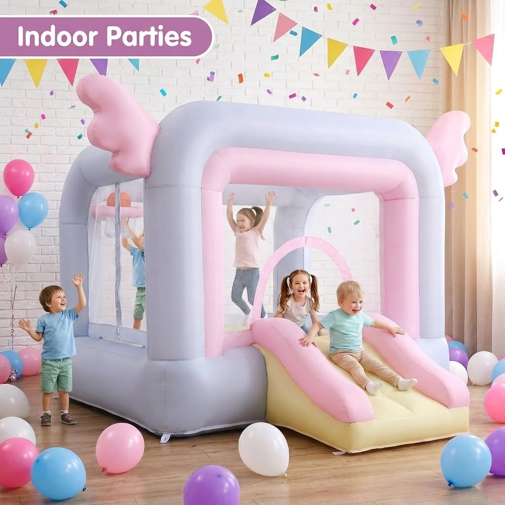 AKEYDIY Pink Inflatable Bounce House for Girls, Pastel Bouncer with Slide, Inflatable Jumping Bouncy Castle for Kids Birthday Party Gifts Outdoor