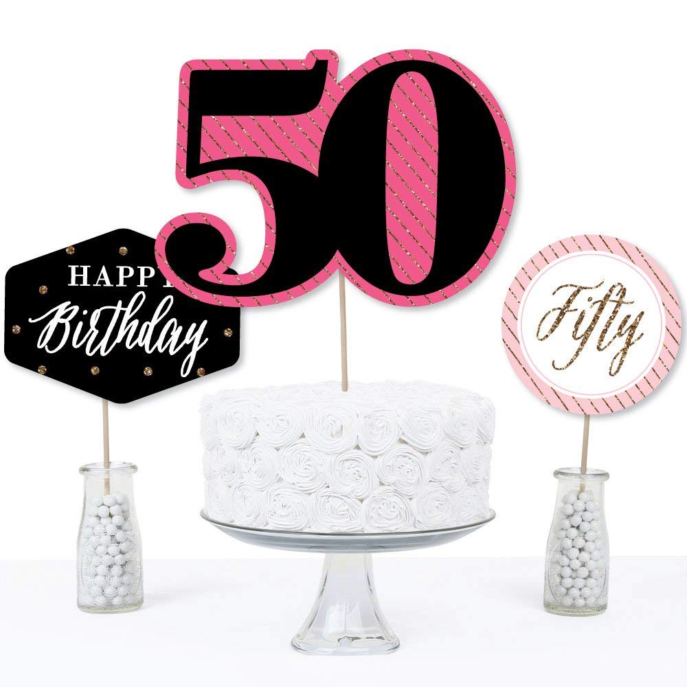 Big Dot of Happiness Chic 50th Birthday - Pink, Black and Gold - Birthday Party Centerpiece Sticks - Table Toppers - Set of 15
