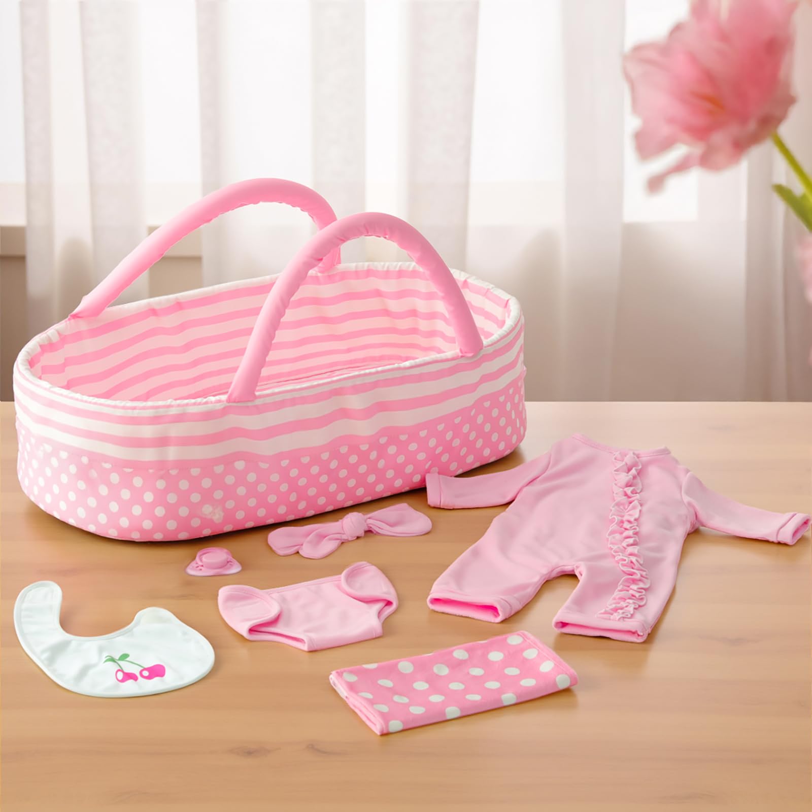 CALiugsi 8 Pcs Reborn Doll Clothes with Bassinet for 17-22 Inch Baby Dolls Outfit Accessories Set with Bunny Toy for Newborn Girl, Pink (Not Doll)