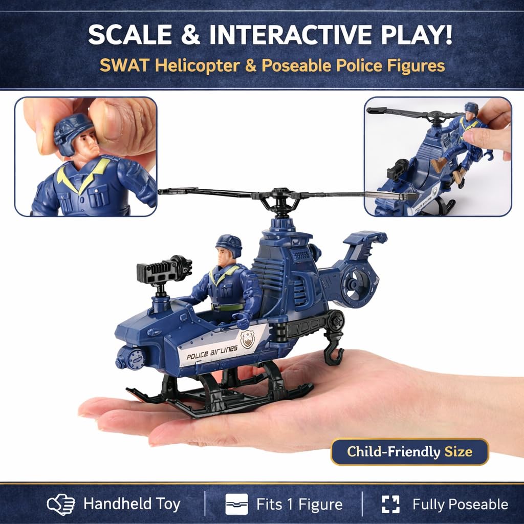 Liberty Imports 8 PCS Police Rescue Patrol Toy Vehicles and Figures Playset - Helicopter, SWAT Truck, Motorcycle, Action Figures, K-9, Weapons,