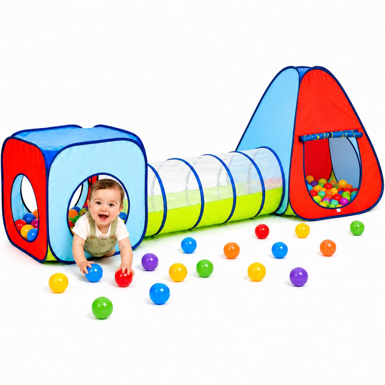 Kiddey Tunnel and Ball Pit Play Tent | 3pc Pop Up Toddler Gym Tunnels with Tents for Kids, Toddlers, Infants Boys & Girls | Indoor & Outdoor Gift Game