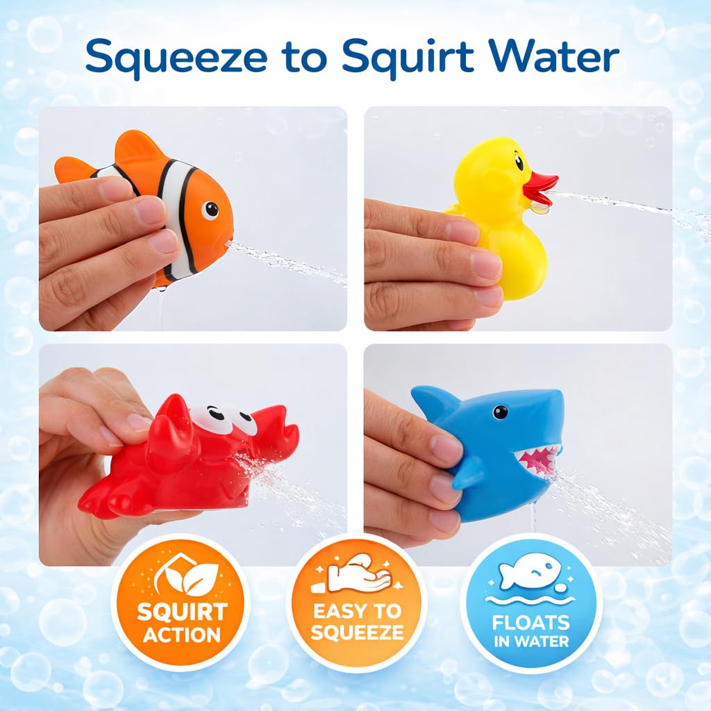 15 PCS Ocean Animals Rubber Bath Toy Water Squirters with Floating Bathtub Squeeze and Play Soft Sea Creatures anf Fishing Net for Baby, Toddlers