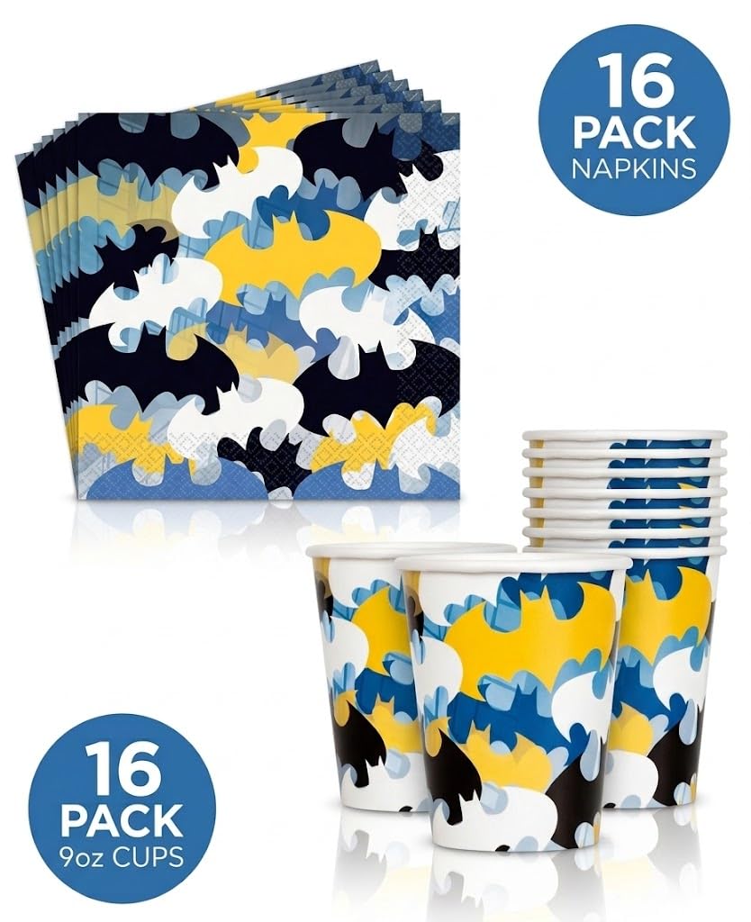 Batman Birthday Decorations Set with Batman Party Decorations and Complete Batman Party Supplies for Kids Superhero Tableware Plates Cups Napkins