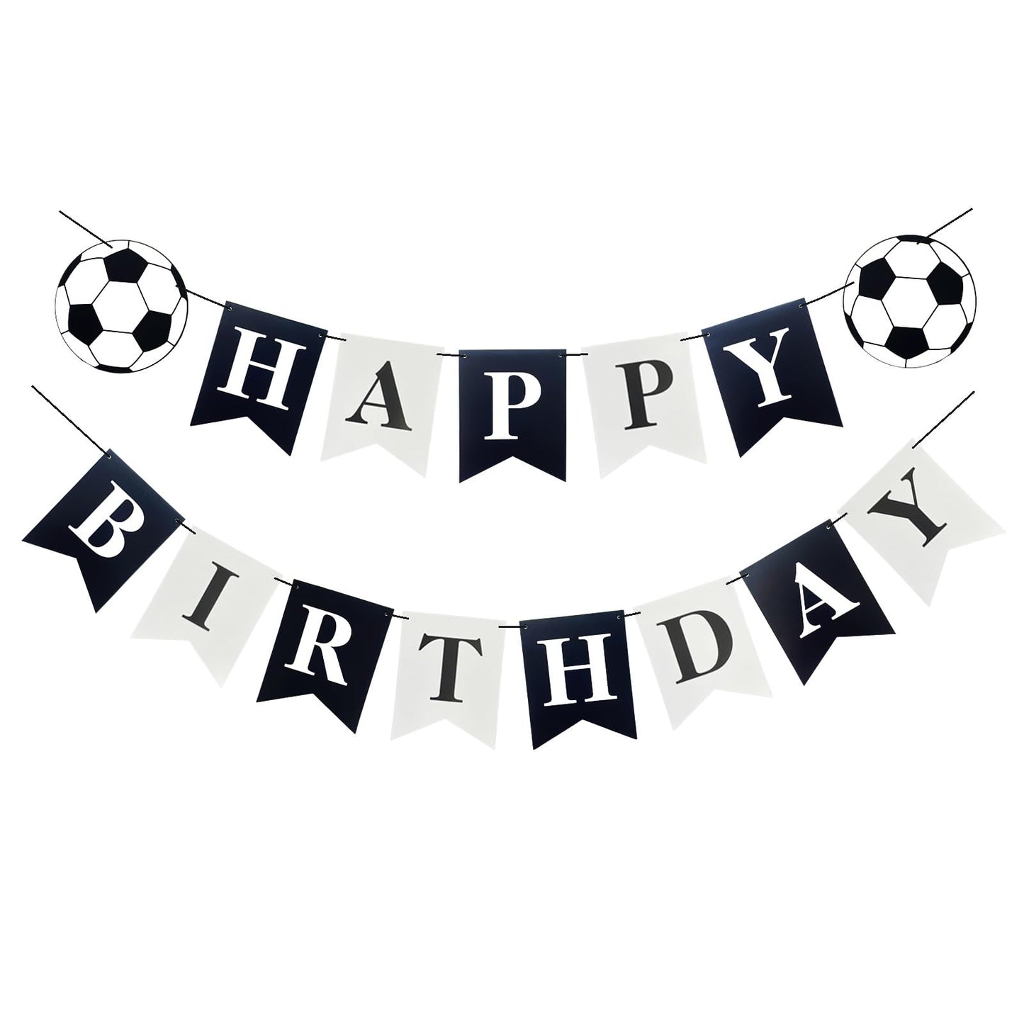Soccer Black White Happy Birthday Banner, Football Birthday Banner for Boys Girls Birthday Party Decorations, Swallowtail Flag Happy Birthday Bunting
