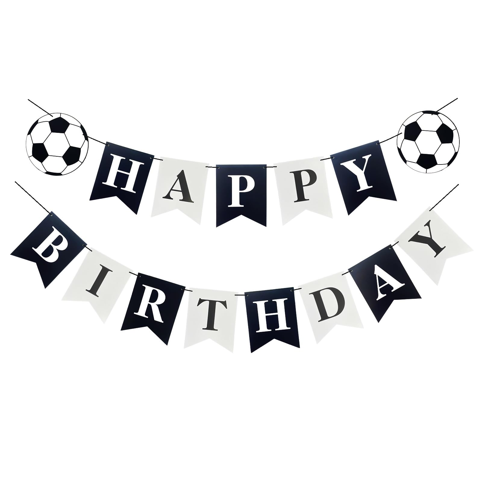 Soccer Black White Happy Birthday Banner, Football Birthday Banner for Boys Girls Birthday Party Decorations, Swallowtail Flag Happy Birthday Bunting