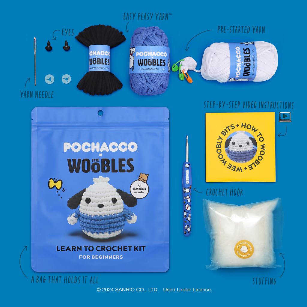 The Woobles Hello Kitty Crochet Kit - Beginners Wooble Crochet Animal Kit Crafts with Easy Peasy Yarn as seen on Shark Tank - with Step-by-Step Video