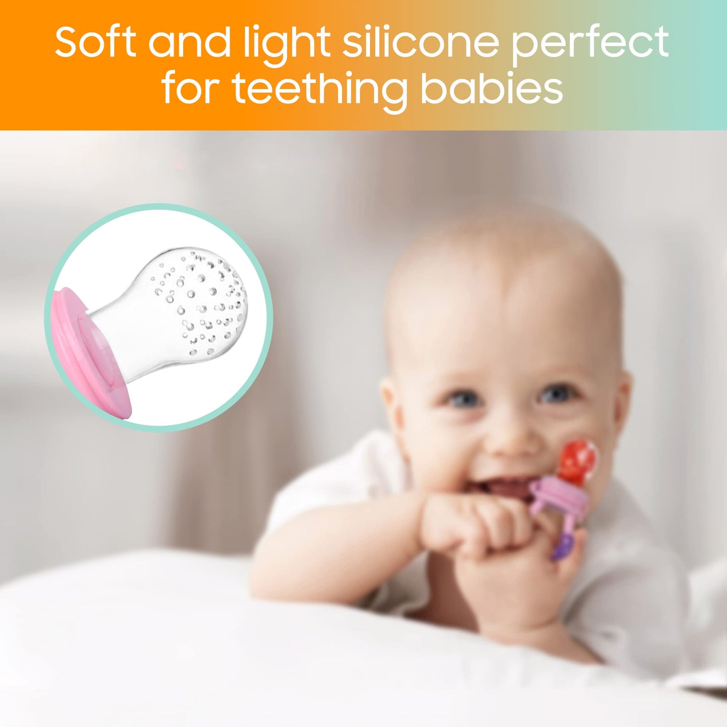 CHILLAX Fruit Feeder Pacifier Teether Toys - 2 Baby Food Feeding Teething Toys - Soft, Easy-to-Grip, Non-BPA Silicone Teethers for Babies