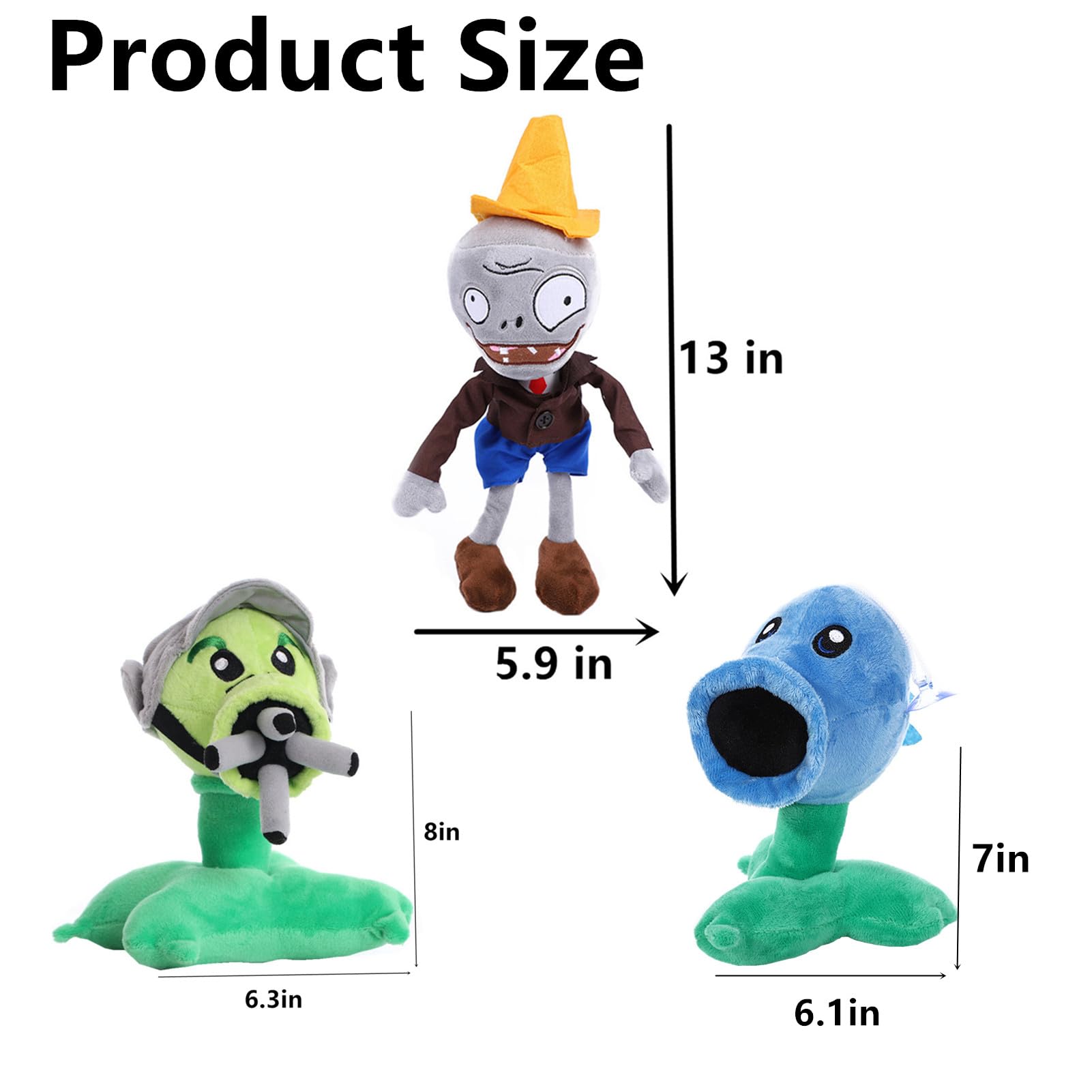 JHESAO 3 PCS Plants and Zombies PVZ Plush Toys - Brown Coat Gatling Peashooter, Ice Peashooter, Conehead Zombies Plushies New