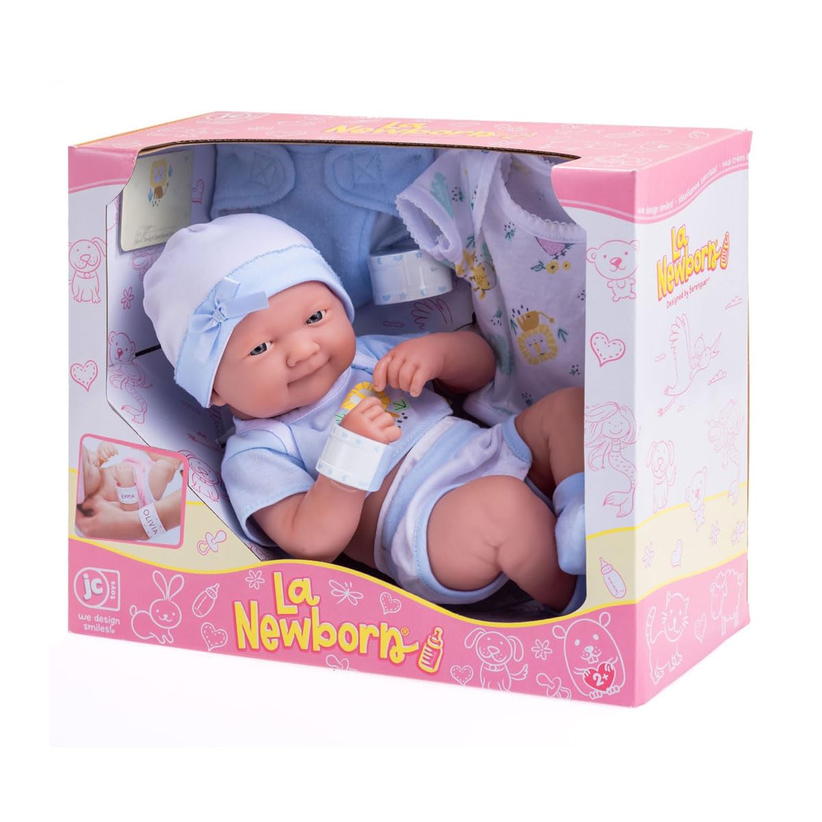 8 piece Layette Baby Doll Gift Set | JC Toys - La Newborn Nursery | 14" Life-Like Smiling Doll w/ Accessories | Blue | Ages 2+