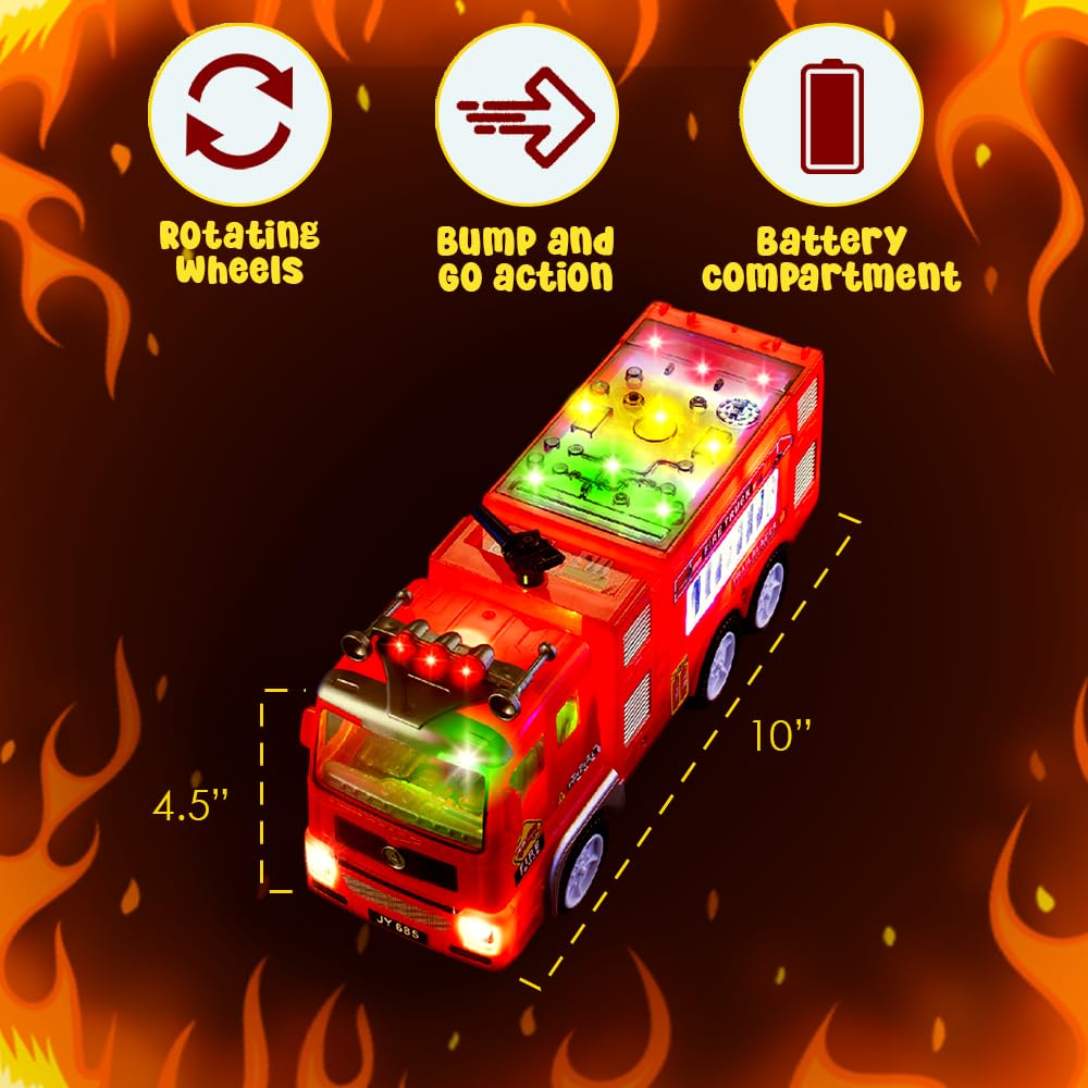 Zetz Brands Fire Truck Toy for Boys, Girls, Kids, w/ 4D LED Lights, Toddlers - Age 3+ Fire Engine Push Toy Car for Little Fireman Real Firetruck Siren