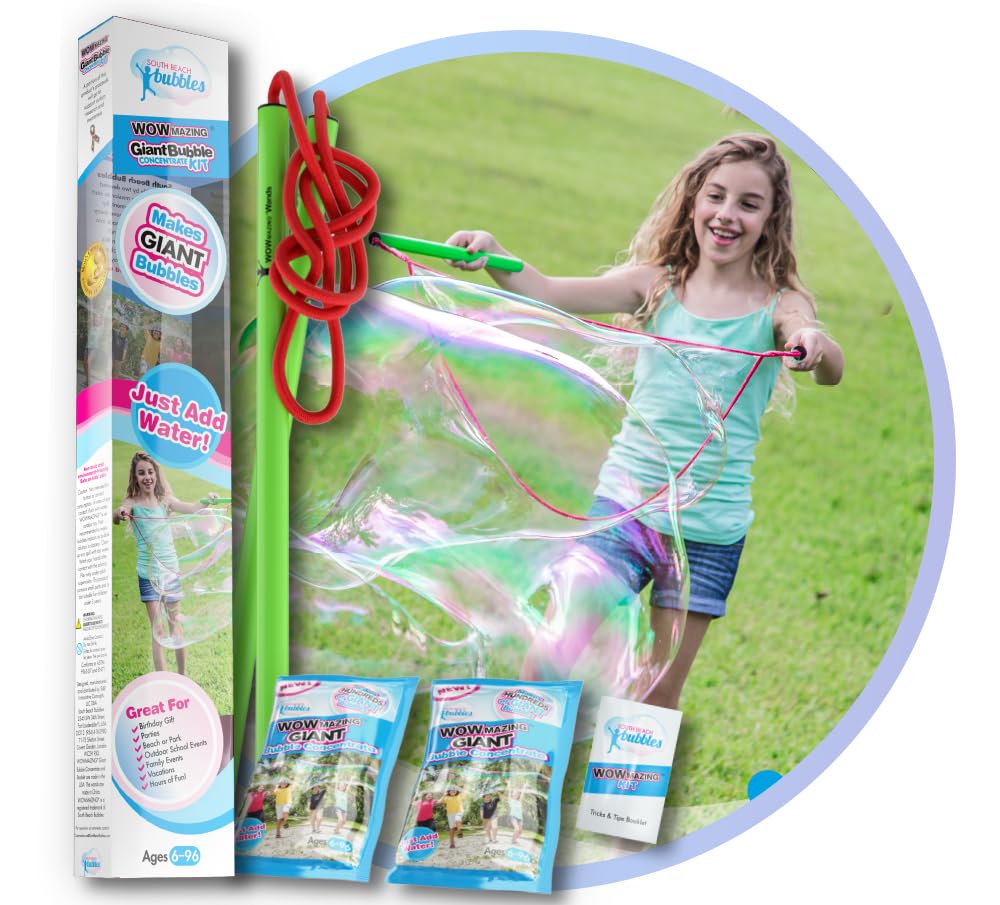 WOWmazing Giant Bubble Wands Kit: (4-Piece Set) | Incl. Wand, Big Bubble Concentrate and Tips & Trick Booklet | Outdoor Toy for Kids, Boys, Girls |